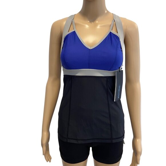 Karma Athletics Womens Blue & Black Strappy Tank Top With Built-In Bra NWT - Picture 1 of 16